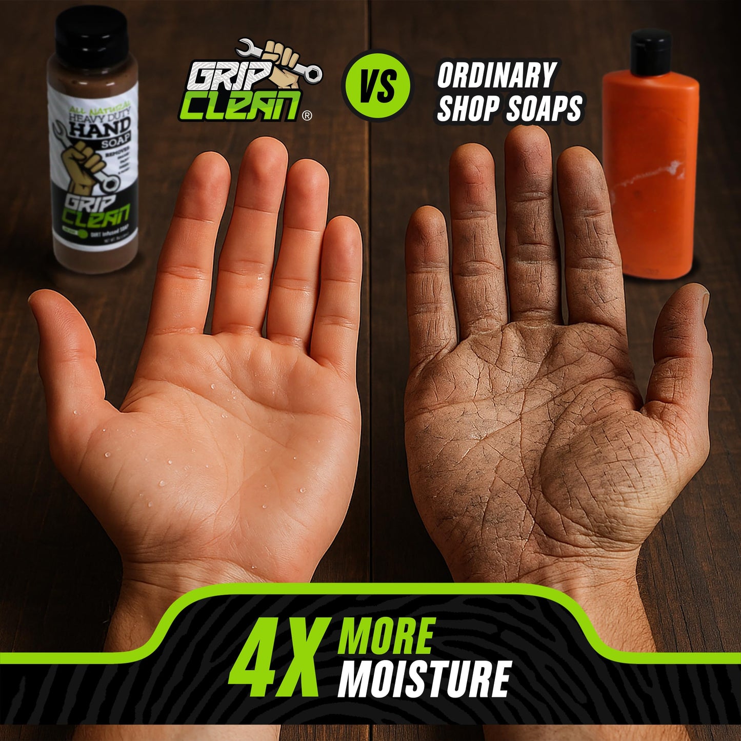 Grip Clean Squeeze Bottle & Brush Combo - Heavy-Duty Degreaser Hand Cleaner & Nail Brush Set - Tackle Grease, Oil, & Grime with Natural Pumice Soap & Nail Cleaning Scrub for Clean Hands & Nails