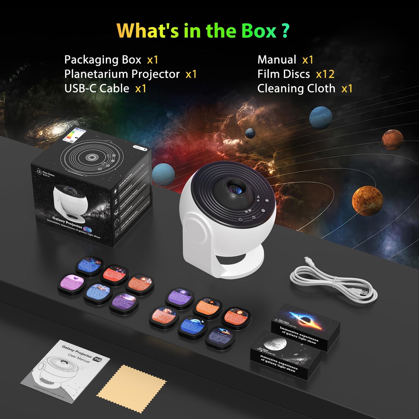 Galaxy Projector for Bedroom Pro Version, Upgraded Film Disc Star Projector for Kid 12 in 1 Planetarium Projector HD Image Adjustable Knob 360° Rotating 1/2h Timer Simple 4-Button Control