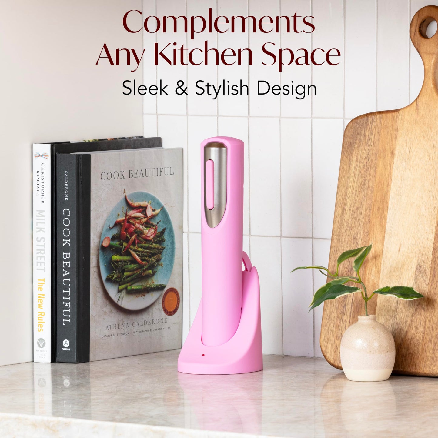 Rechargeable Electric Wine Bottle Opener - Charging Base and Foil Cutter Included with Automatic Wine Opener - Electric Corkscrew for Easy Cork Removal - Best Gift for Wine Lover (Pink & Silver)