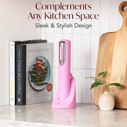 Rechargeable Electric Wine Bottle Opener - Charging Base and Foil Cutter Included with Automatic Wine Opener - Electric Corkscrew for Easy Cork Removal - Best Gift for Wine Lover (Pink & Silver)