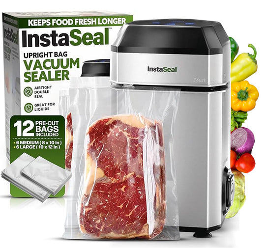 InstaSeal Vacuum Sealer for Food with 12 Bags, Preserves Foods 5x Longer, Space Saving Compact Upright Design Allows Machine to Seal Marinades, Soups, Meats for Sous Vide Cooking, Vegetables