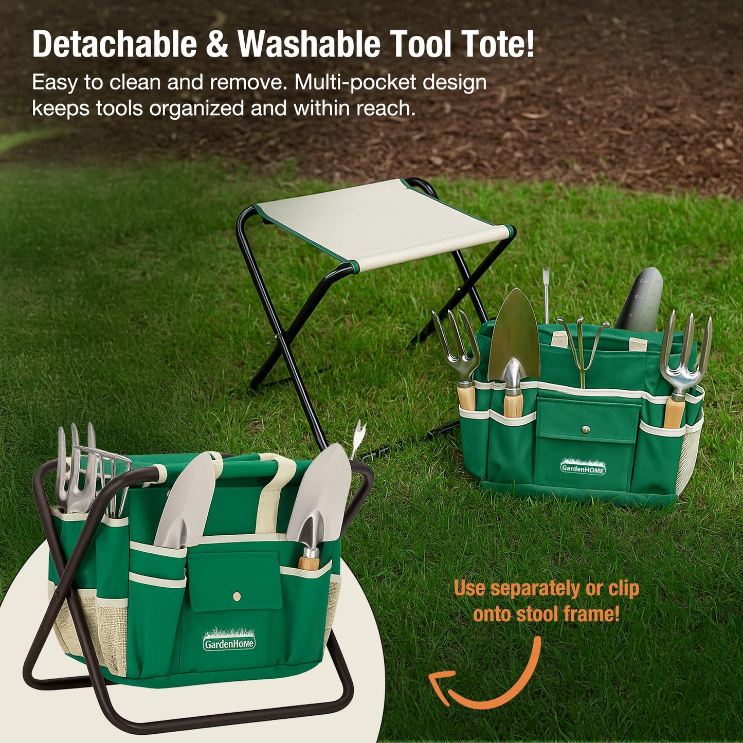 GardenHOME 7-Piece Gardening Tool Set – Stainless Steel Hand Tools with Wooden Handles, Folding Stool, and Canvas Tote Bag, Yard Maintenance Kit for Gardeners, Women, and Beginners