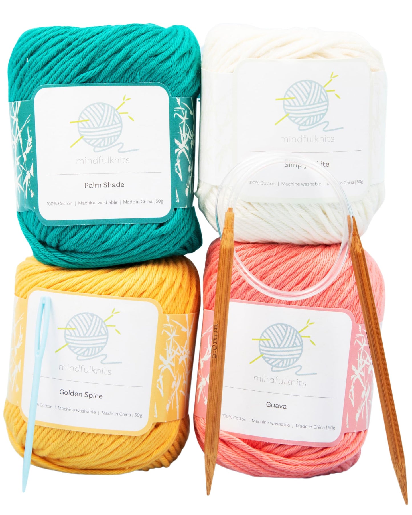 mindfulknits Knitting Starter Kit for Beginners with Knitting Needles, Yarn Needle & 100% Cotton Knitting Yarn (4) – Make Washcloths- Tropical Knitting Kit for Kids Relaxation & Stress Relief