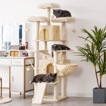 Hey-brother Cat Tree, 71 inches XL Large Cat Tower for Indoor Cats, Multi-Level Cat House with 3 Padded Perches, Big Scratcher, Cozy Basket, 2 Cat Condos and Scratching Posts, Beige MPJ034M