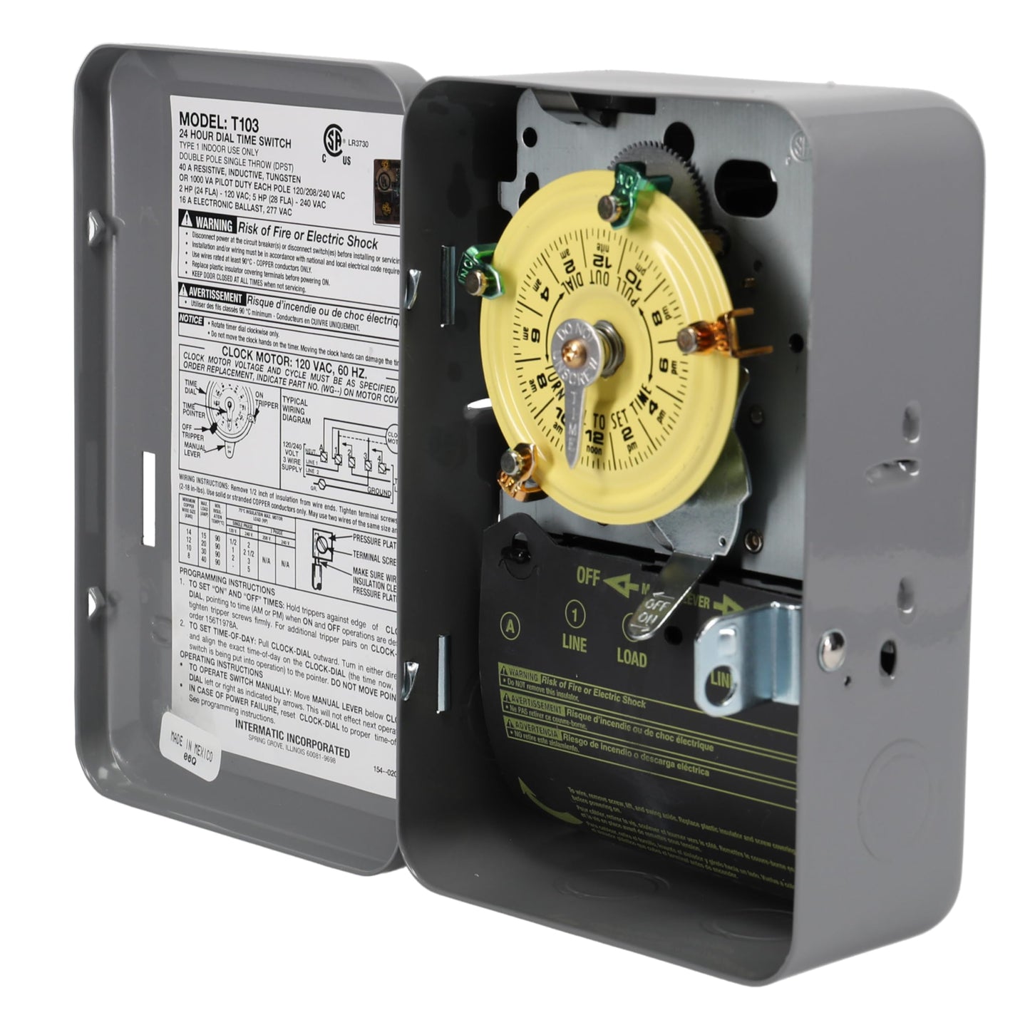 Intermatic T103 24-Hour Mechanical Timer Switch - 120V DPST, Indoor Metal Enclosure, Heavy-Duty Programmable Time Switch - 40A Load Control for Pumps, Lighting, HVAC, and Fans