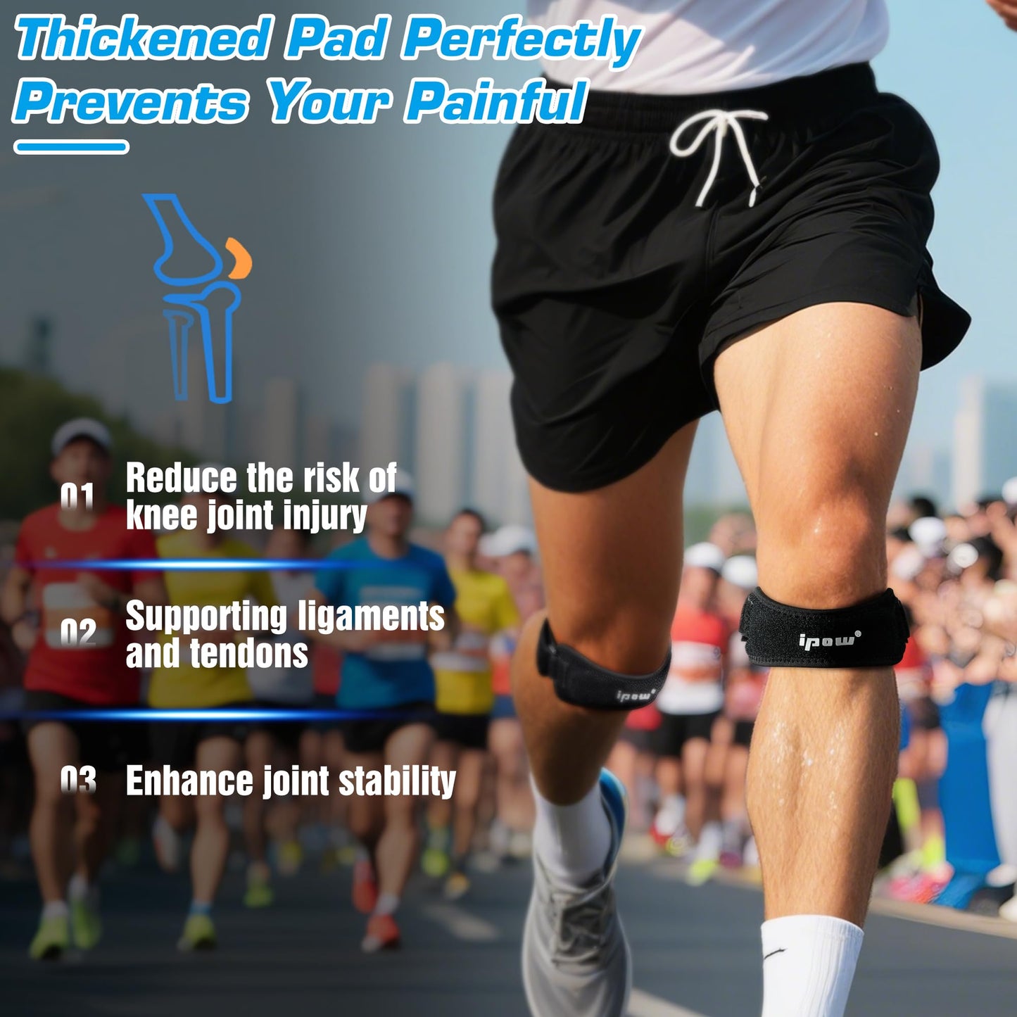 IPOW 2 Pack Knee Pain Relief & Patella Stabilizer Knee Strap Brace Support for Hiking, Soccer, Basketball, Running, Jumpers Knee, Tennis, Tendonitis, Volleyball & Squats, Black