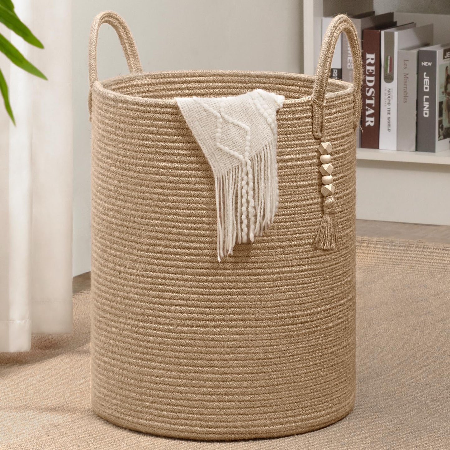 Goodpick Boho Jute Laundry Hamper Basket, Wicker Laundry Basket with Handles, Tall Baby Nursery Hamper, Large Woven Blanket Storage for Living Room, Bedroom, 16" x 20"