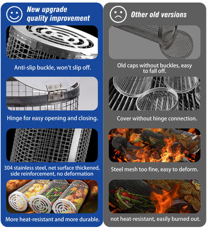 Rolling Grilling Baskets for Outdoor Grill Bbq Net Tube Stainless Steel Large Round Mesh Rotation Barbecue Cylinder Cage Cooking Accessories for Veggies Vegetable Fish Meat Food Camping, Gift for Men