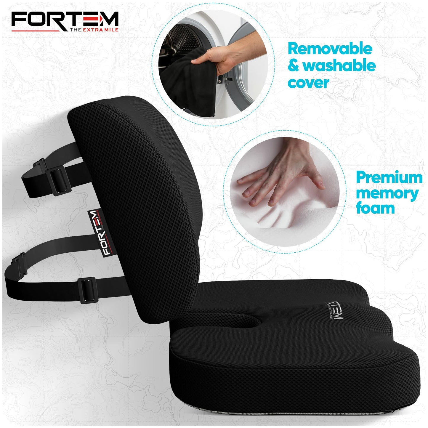 FORTEM Office Chair Cushion and Back Support for Office Chair, Lumbar Support Pillow, Memory Foam, Non Slip Sitting and Back Rest for Gaming, Car Seat Cushion, Chair Pad
