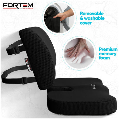 FORTEM Office Chair Cushion and Back Support for Office Chair, Lumbar Support Pillow, Memory Foam, Non Slip Sitting and Back Rest for Gaming, Car Seat Cushion, Chair Pad