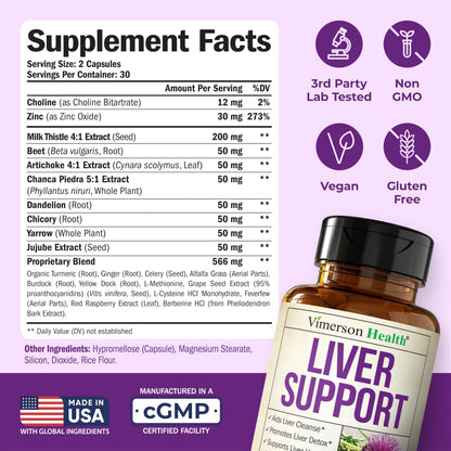 Liver Cleanse Detox & Repair Milk Thistle Supplement - 60 Capsules Herbal Liver Support - Choline, Artichoke Extract & Chicory. Dandelion Root Supplement to Promote Cellular Repair & Digestion - Vegan