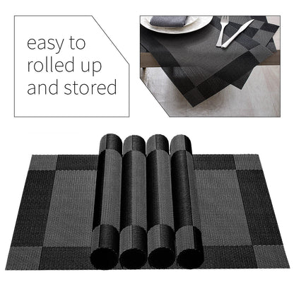 AHHFSMEI Placemats for Dining Table Set of 6 Woven Vinyl Plastic Place Mats Non-Slip Heat Insulation Stain Resistant Table Mats Washable Easy Clean Placemats (Black Corner)