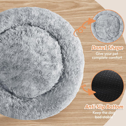 JOLLYVOGUE Calming Dog & Cat Bed for Small Dogs, Anti-Anxiety Donut Cuddler Cozy Soft Round Bed with Anti-Slip Bottom, Fluffy Faux Fur Plush Cushion Beds for Small Medium Dogs (20")