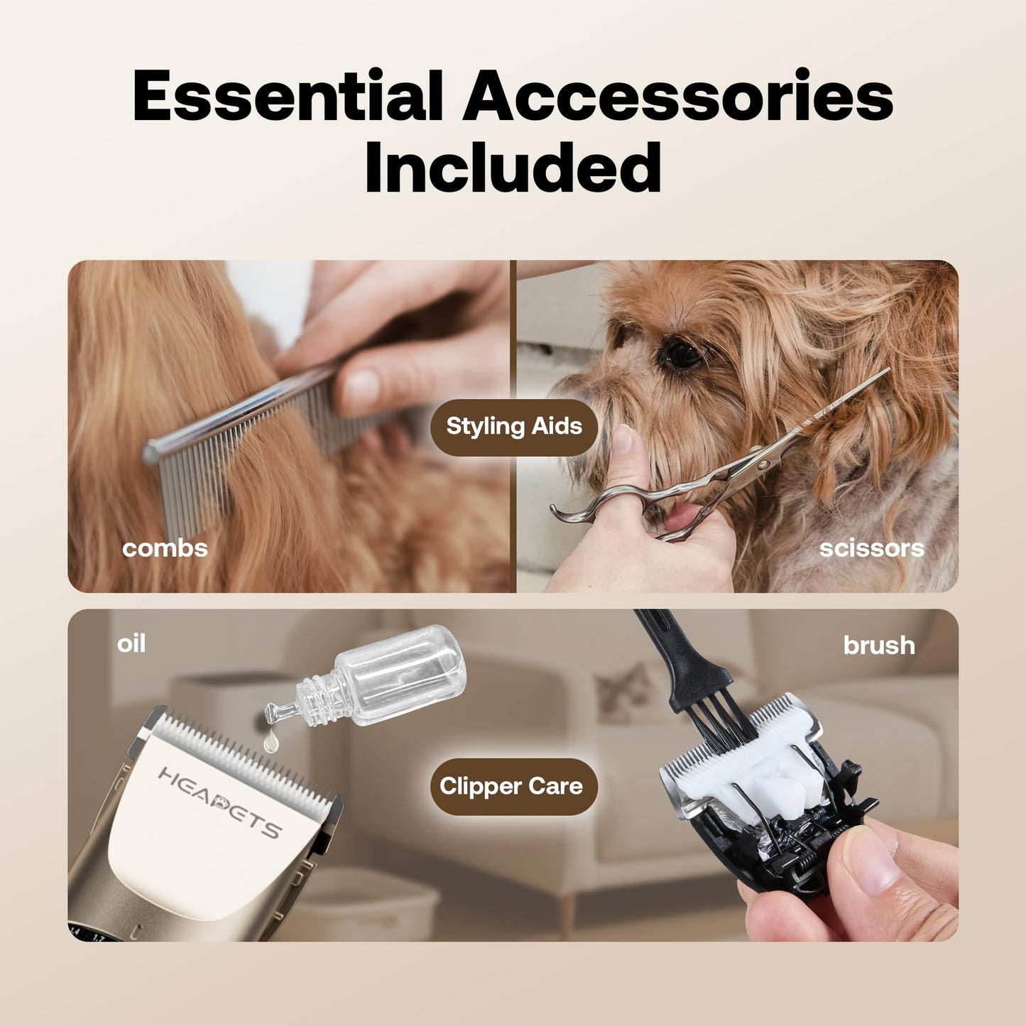 HEAPETS Dog Grooming Clippers, Low Noise, Electric Quiet, Adjustable Clipper Comb, Rechargeable Cordless Dog Hair Clippers for Dogs Cats Pets, Gold