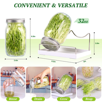 Premium Sprouting Jar Kit 2Pcs Large Wide Mouth Mason Jars With Screen Sprout Lid,Sprouting Jar Stand,Tray,Blackout Sleeves,-Seed Sprouting Kit For Growing Mung beans,Broccoli