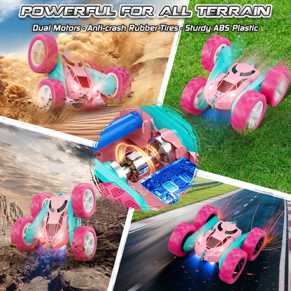 Pink Remote Control Car for Girls - RC Stunt Cars with 4WD Double-Sided Driving 360° Flips Rotating, Off Road Remote Car Outdoor Toys for Kids Age 6 7 8-12, Christmas Birthday Gifts