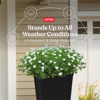 Keter Set of 2 Resin Modern Outdoor 22 Inch Tall Large Flower Pots, Tapered Wood Look Planters for Outdoor Plants and Front Porch Decor, Graphite