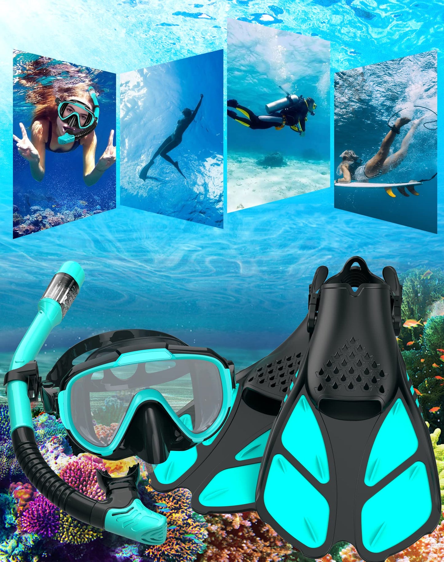 Ubekezele Snorkeling Gear for Adults Men Women,4 in 1 Snorkel Set with Panoramic View Diving Mask Anti-Fog Anti-Leak,Dry Top Snorkel,Fins and Travel Bag for Swimming,Snorkeling and Travel Diving