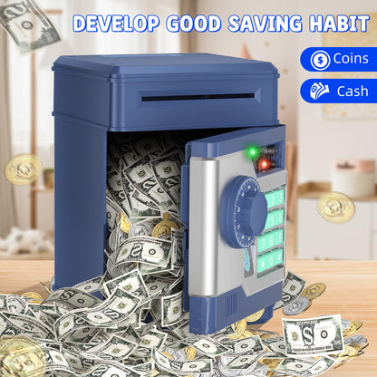 NAFEIV Piggy Bank, Automatic Electronic Piggy Bank for Kids Boys Girls with Password and Fingerprint Unlocking Simulation, Money Bank Kids Safe Toys for 3 4 5 6 7 8 9 10 Year Old Boy Girl (Navy)