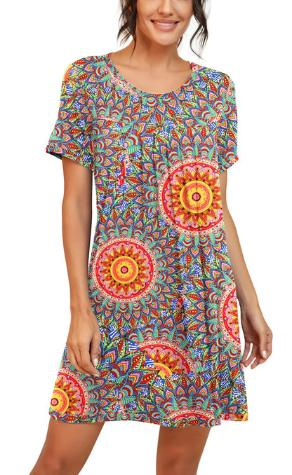 PrinStory Womens Sleepwear Short Sleeve Nightgown Soft Sleepshirt Pleated Nightshirt Scoopneck Casual Loungewear FP-Peacock Blue-Medium