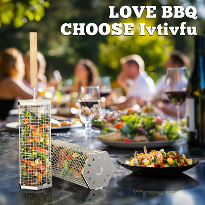 ivtivfu Rolling Grill Baskets (Hexagon), Removable Wooden Handle, 304 Stainless Steel, Nesting Grilling Net, BBQ Accessories Tools for Vegetables Shrimp, Outdoor Cooking Camping, Birthday Gifts for Men Dad Husband