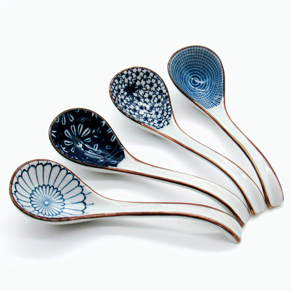 JOBNTZ Asian Soup Spoon,Ceramic Ramen Spoons Japanese Style for Pho, Miso soup, Dumpling, Noodles, Chinese Wonton Dishwasher safe - Set of 4 - Blue