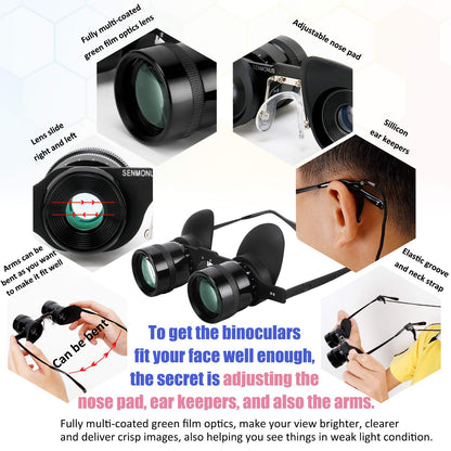 Professional Hands-Free Binocular Glasses for Fishing, Bird Watching, Sports, Concerts, Theater, Opera, TV, Sight Seeing, Hands-Free Opera Glasses for Adults (Green Film Optics)-Upgraded
