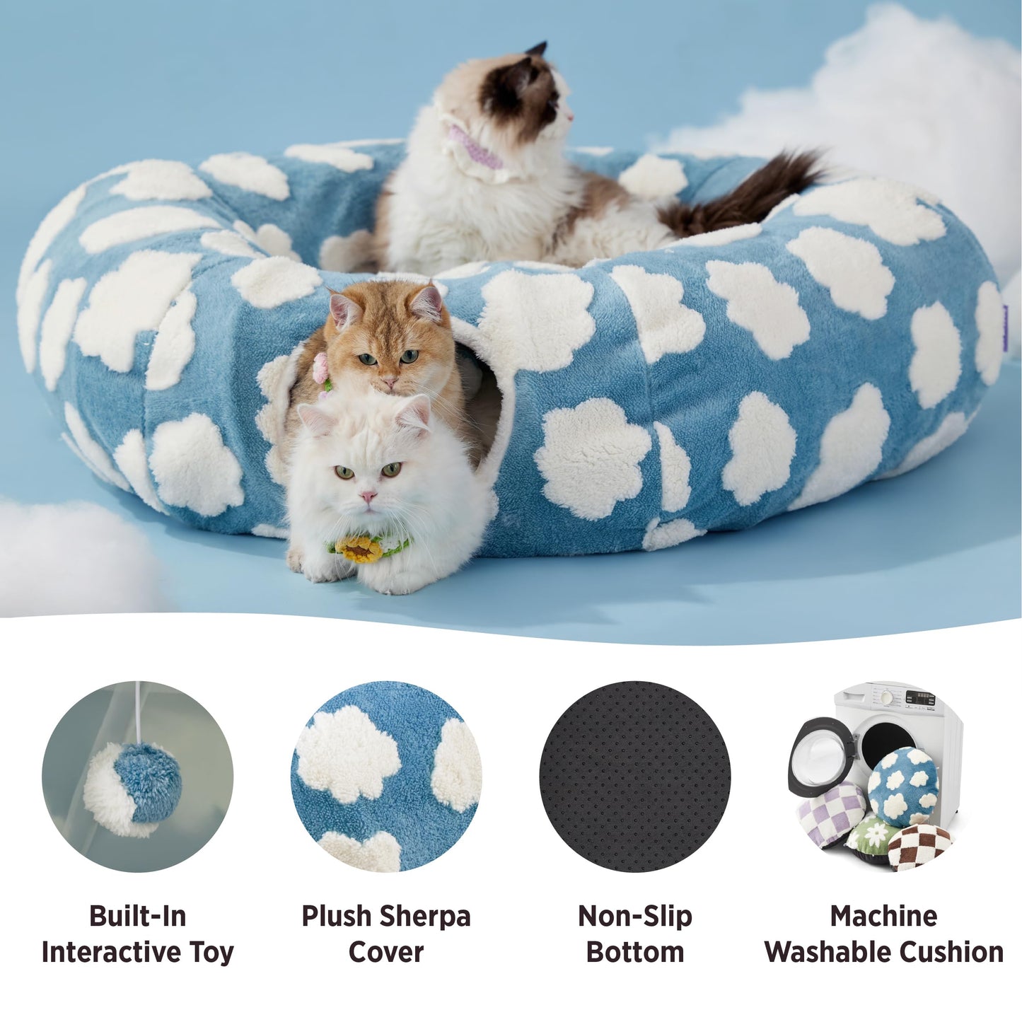 Lesure Large Cat Tunnel Bed - Cute Donut Bed for Indoor Cats with Washable Circle Cushion, Round Pet Peekaboo Cave Toy for Multi Kitten/Puppy/Rabbit, Large Blue