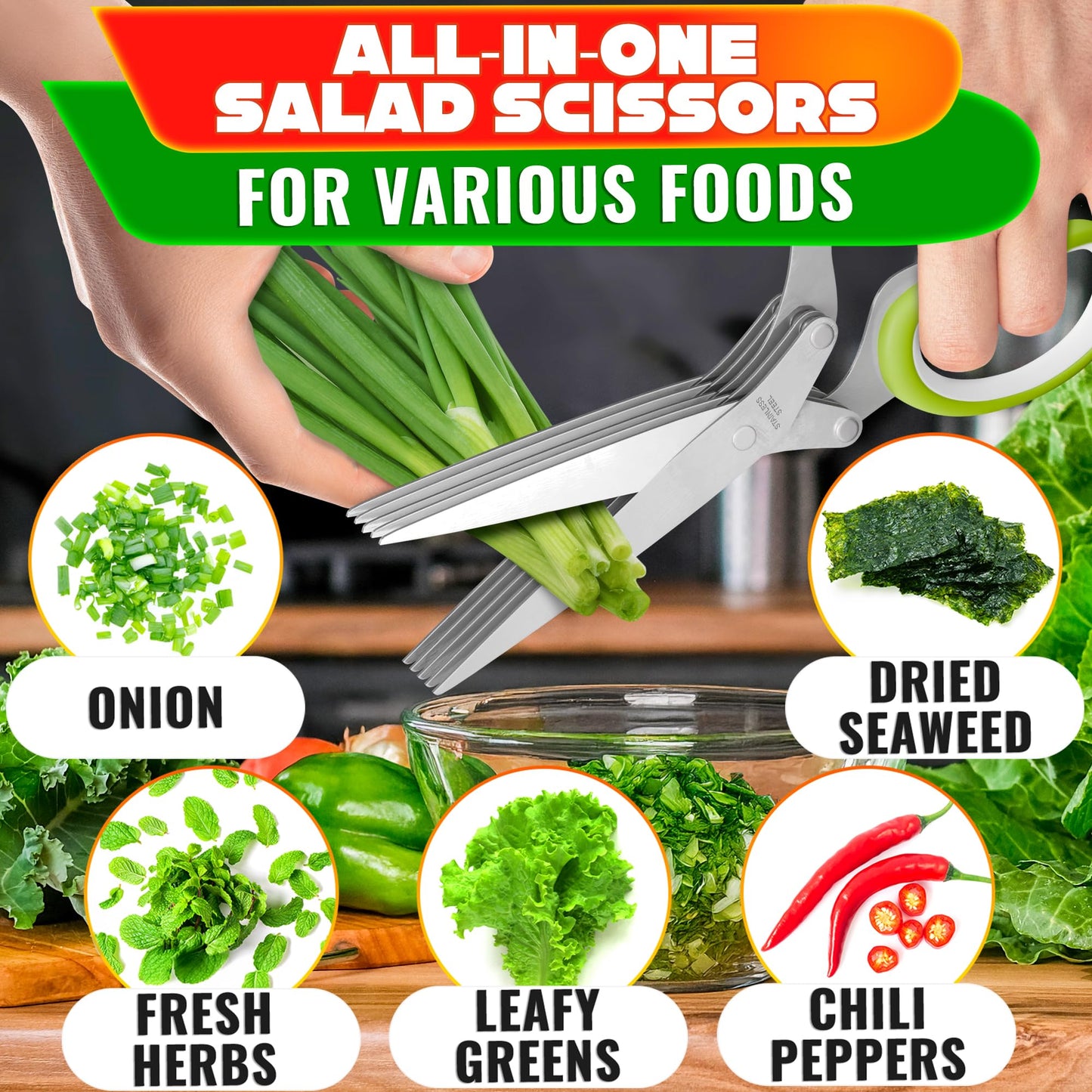 Herb Scissors with 5 Blades and Cover – Stainless Steel Herb Cutter for Fast & Precise Cutting, Compact, Easy-to-Store Design – Ergonomic Handle & Cleaning Brush for Quick and Comfortable Kitchen Prep