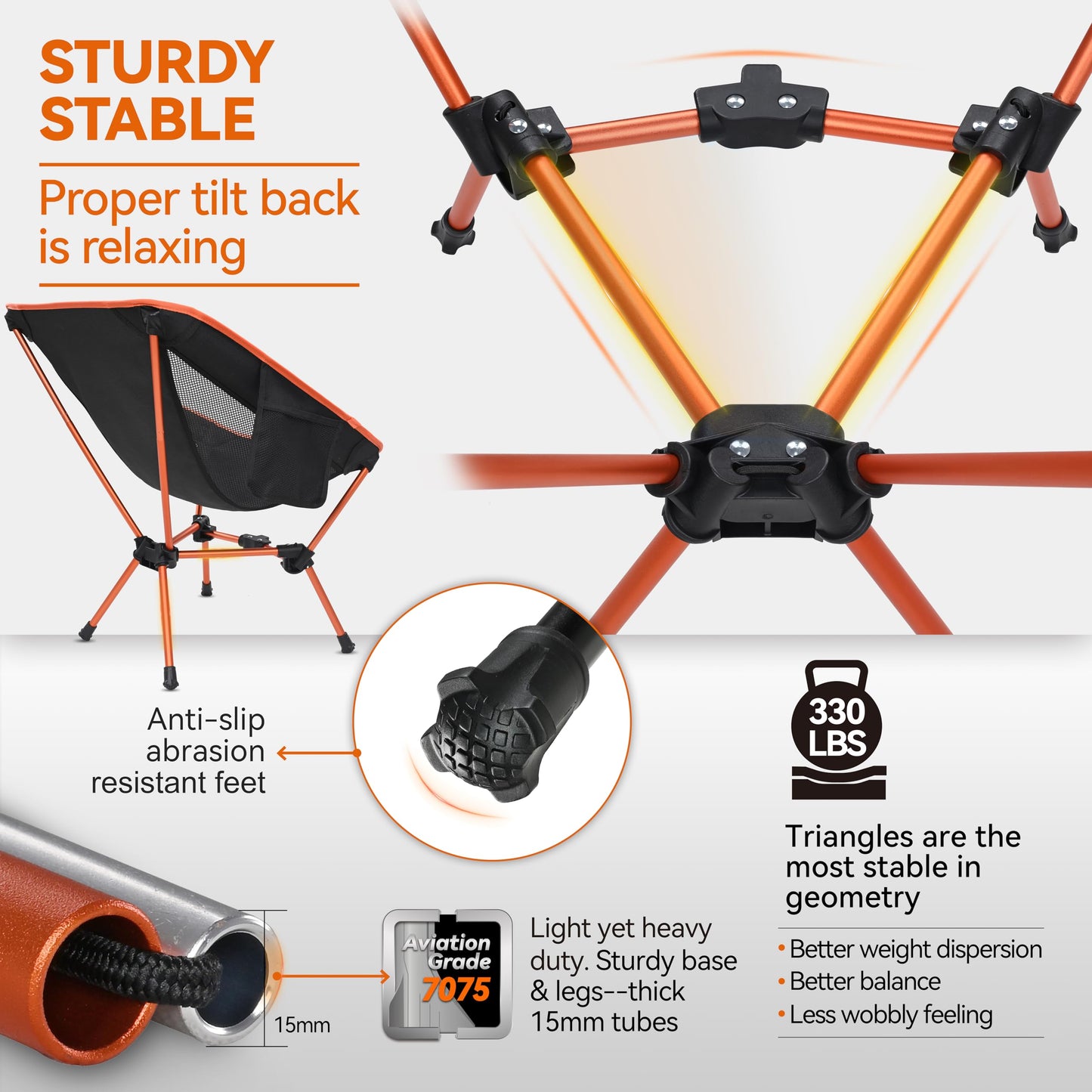 MARCHWAY Lightweight Folding Camping Chair, Portable Foldable Compact for Outdoor Camp, Travel, Beach, Picnic, Festival, Hiking, Backpacking, Supports 330Lbs (Orange)