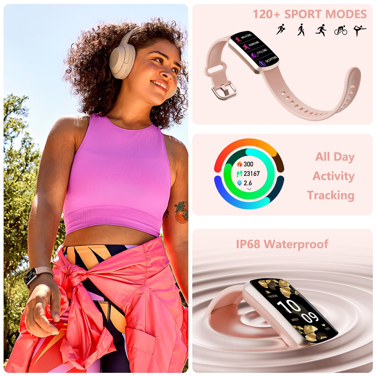 Health Fitness Tracker, Smart Watch with 24/7 Heart Rate and Blood Pressure Monitor, Activity Tracker with Blood Oxygen, 120 Sport Mode Waterproof Sleep Tracker for Women Men (Pink)