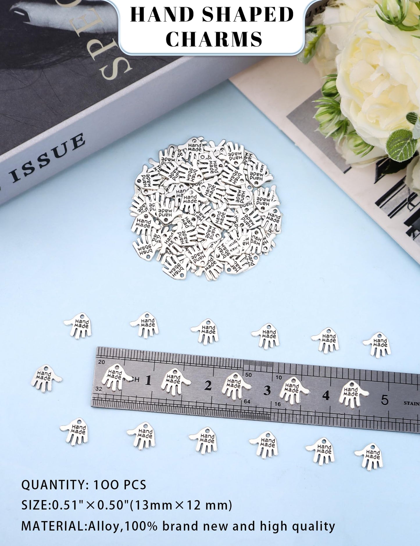 JIALEEY 100PCS Hand Shaped Charms Hand Made Tag Signs Charms Carved Silver Tone for Fashionable Jewelry Making Charms Findings Crafting Sewing