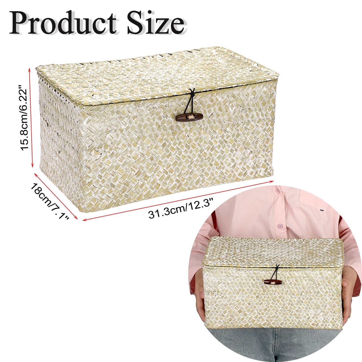 Hipiwe Seagrass Storage Basket Bins with Lid, Handwoven Wicker Shelf Baskets Bin Rectangular Household Basket Organizer Boxes for Shelf Closet Bedroom Home Decor, Whitewash Medium