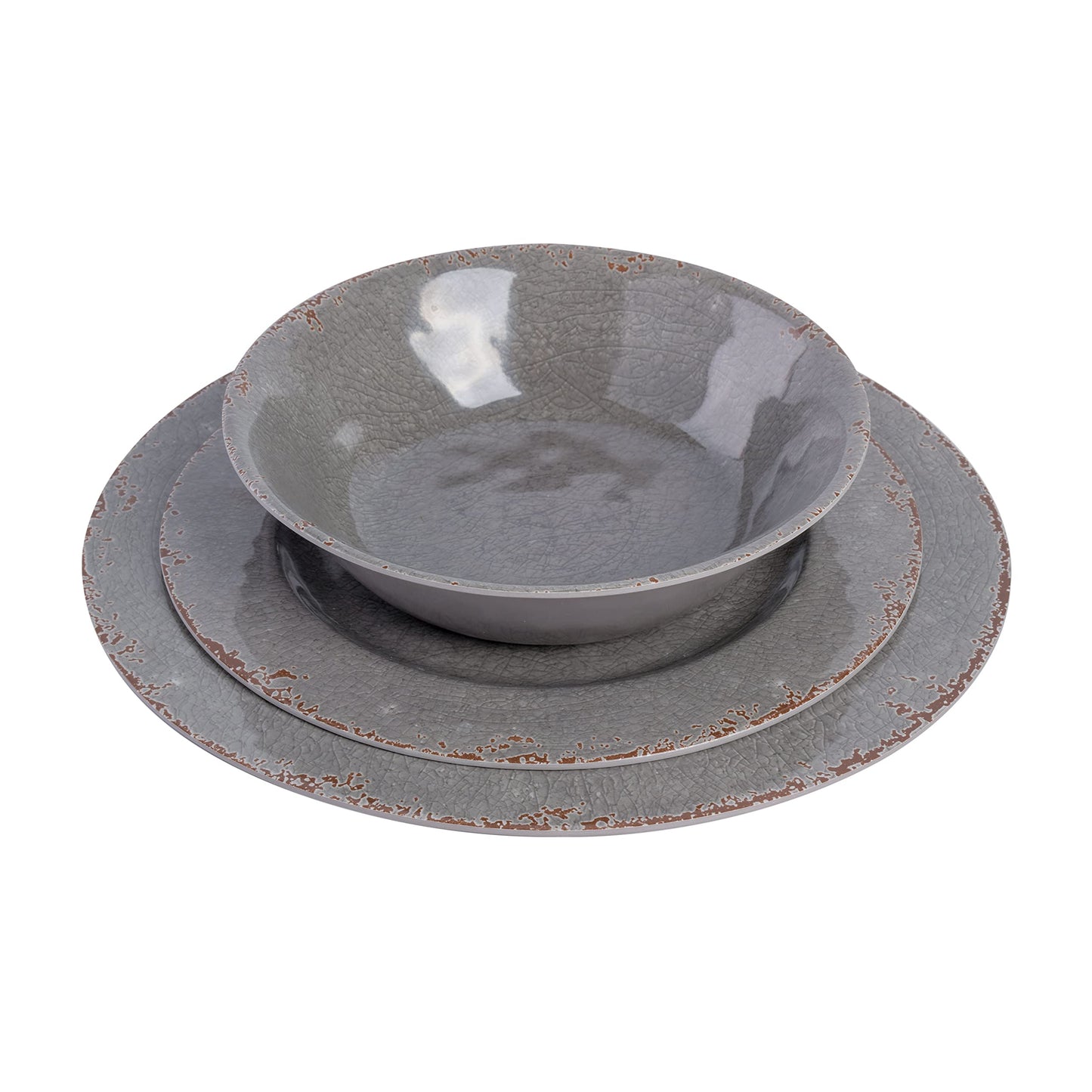 Gibson Home Mauna Melamine Plastic Dinnerware Set, Service for 4 (12pcs), Grey Rustic