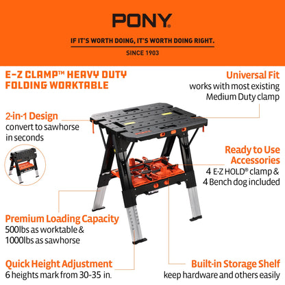 Pony Portable Folding Work Table, 2-in-1 as Sawhorse & Workbench, 31” W×25” D×25”-35”H, Large Load Capacity with 4pcs Clamps, 4pcs Bench Dogs
