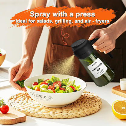 mqnxoi 2 in 1 Glass Oil Sprayer & Dispenser,16oz/470ml Olive Cooking, Air Fryer, and Salad, for Kitchen Gadgets and Air Fryer Accessories, w/Stickers (Black + Dark Green Bottle 2)