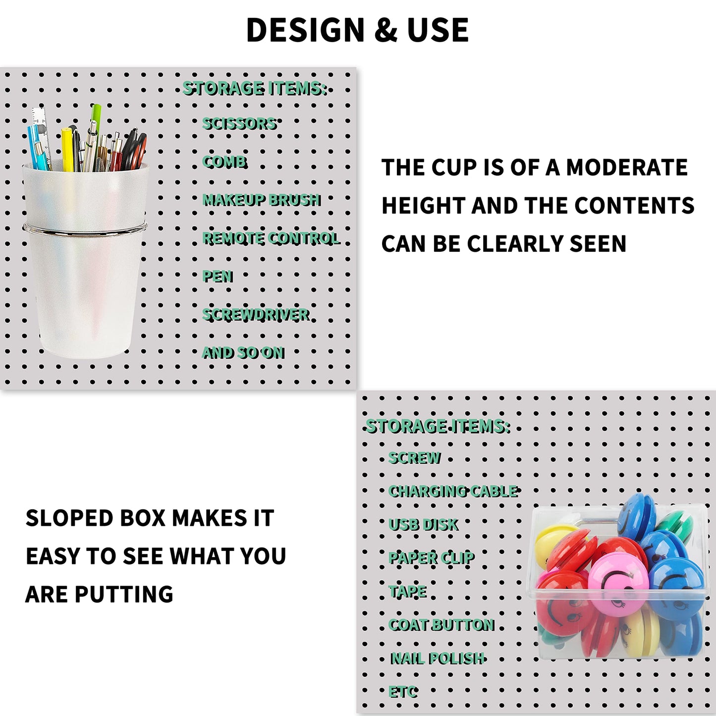 Kuhome 6 Sets Pegboard Bins and Cups with Pegboard Hooks, Pegboard Accessories Baskets, Hooks for Pegboard Cup Holder for Organizing Craft Tools Storage Garage Office Workbench Transparent