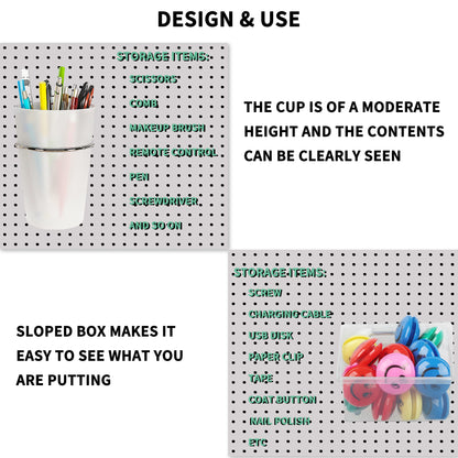 Kuhome 6 Sets Pegboard Bins and Cups with Pegboard Hooks, Pegboard Accessories Baskets, Hooks for Pegboard Cup Holder for Organizing Craft Tools Storage Garage Office Workbench Transparent