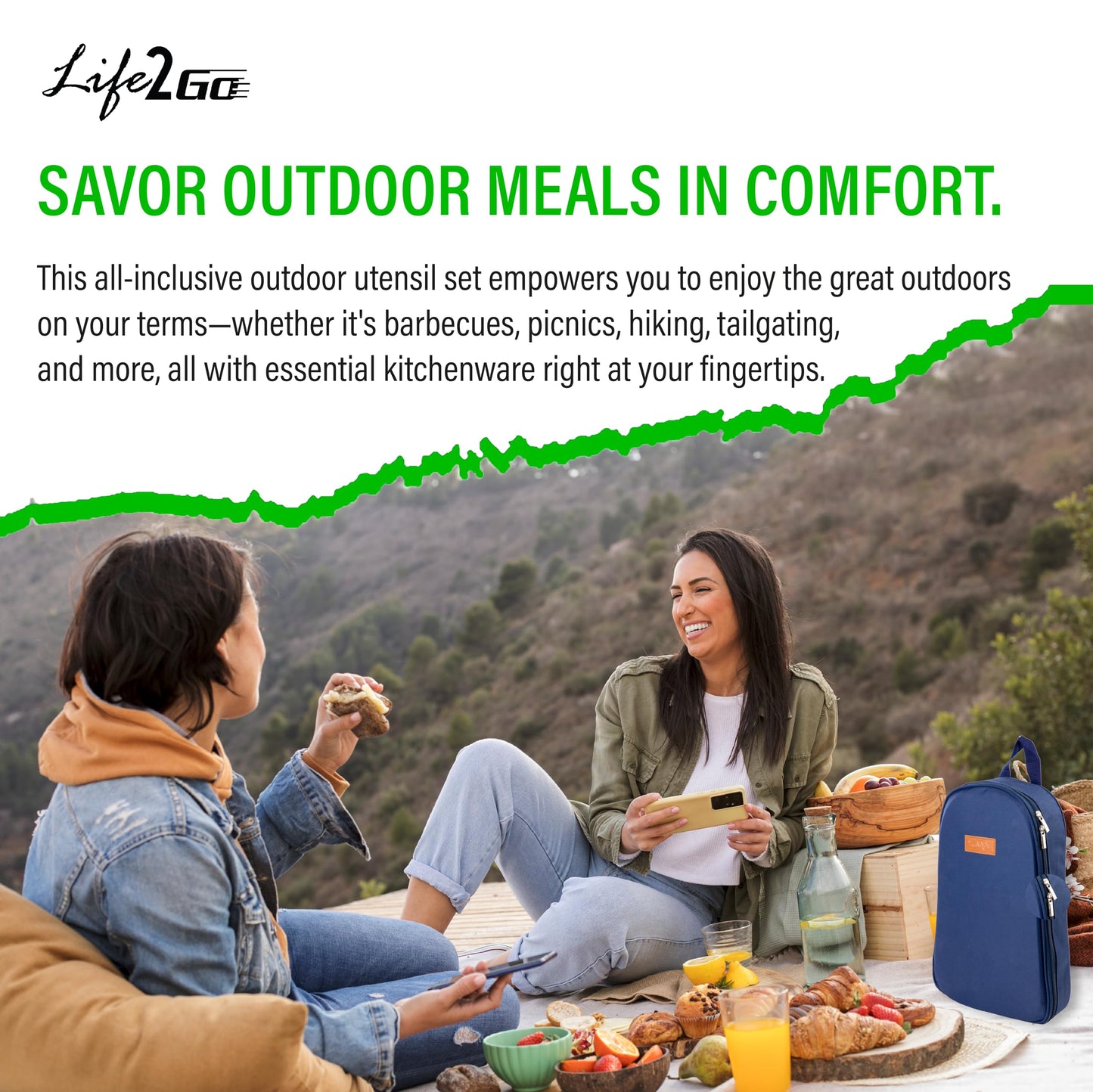 Life 2 Go 12 Pcs Camp Cooking Utensil Set & Outdoor Kitchen Gear Cookware Kit, Portable Compact Carry Case for Camping, Hiking, Travel, BBQ Grilling Stainless Steel Accessories Spoon & Fork, Navy