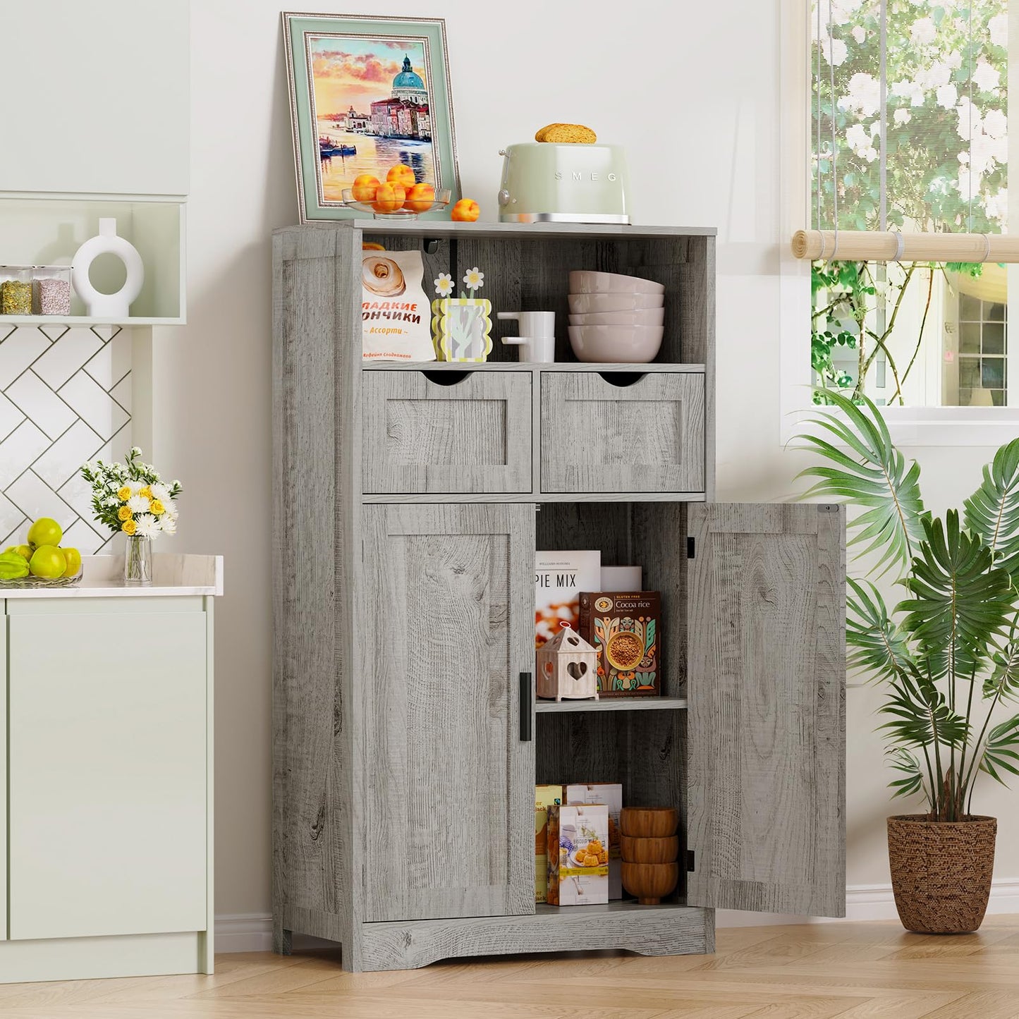 Iwell Storage Cabinet with 2 Drawers & 2 Adjustable Shelves, Kitchen Cabinet, Cupboard, for Living Room, Kitchen, Entryway, Home Office, Grey