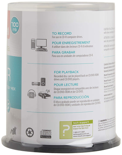 Maxell 648200, Premium Quality Noise free Surface Playback Recordable CDs 700Mb Storage – 2x to 48x, Write Speed 80 minutes - Blank CDs, CD Storage & Reusable Spindle Case Holder – 100 Pack