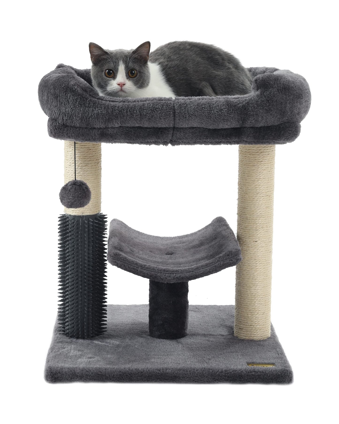 Hoopet 20-Inch Cat Tree Tower, Small Cat Scratching Post for Indoor Cats and Kittens, Sisal Cat Scratcher with Plush Bed Perch, Self Groomer and Hanging Toy Ball, Smoky Grey