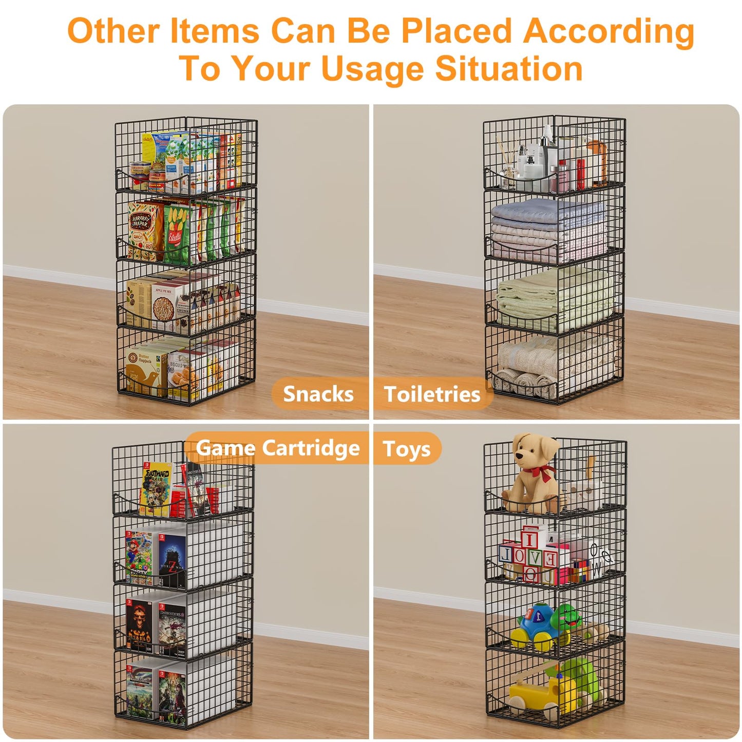 Hongtamoya 4-Tier Stackable Closet Organizers and Storage Shelves, Clothes Storage Basket, Clothes Shelf Organizer Sweater Organizer Bins Container for Wardrobe Kitchen Bathroom Office, Black