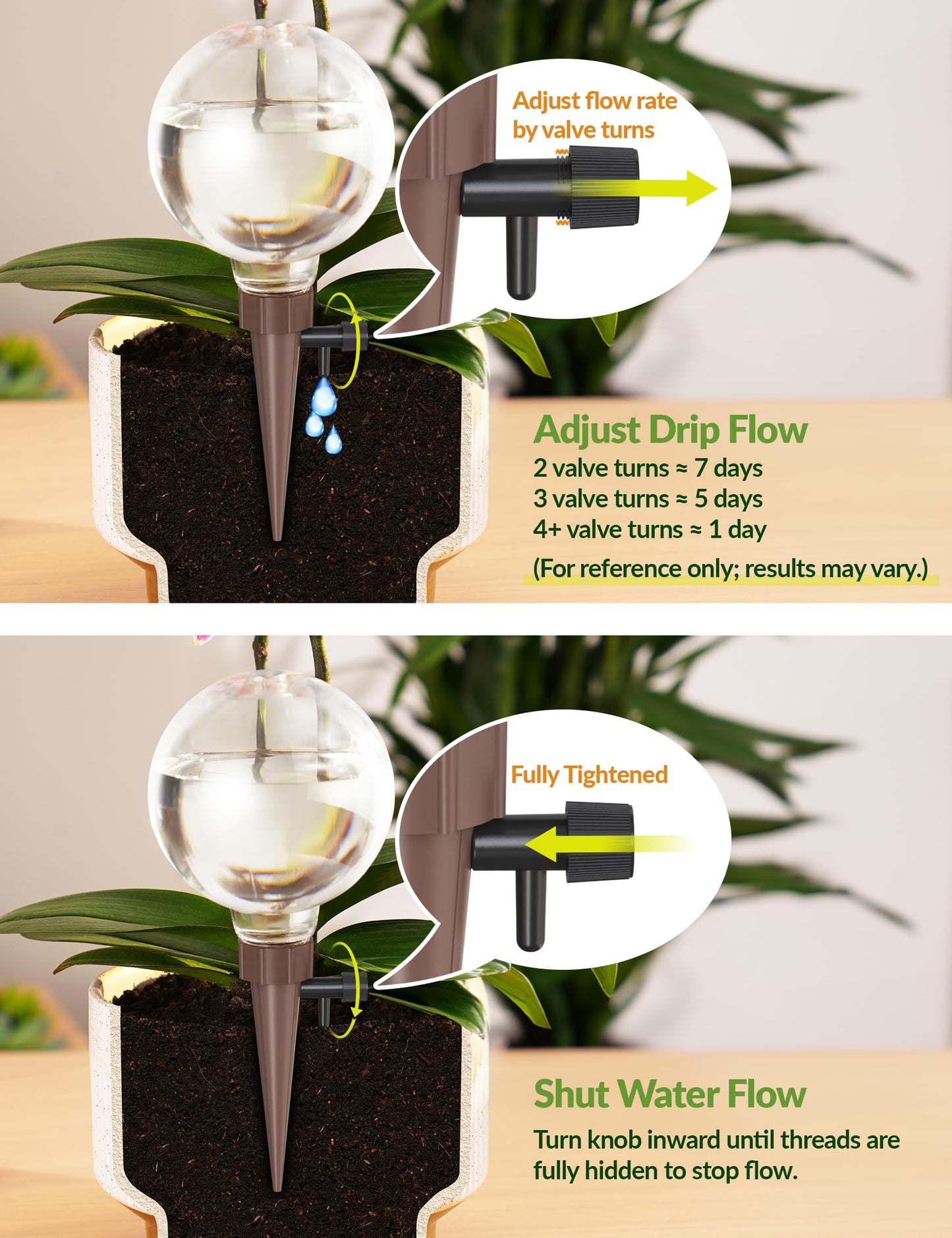 NiHome Plant Self-Watering Globes for Busy Individuals & Travelers, Long-Lasting Moisture Consistent Dripper Spike for Indoor & Outdoor Plants, Adjustable Flow Valve Easy to Refill & Maintain (2-Pack)
