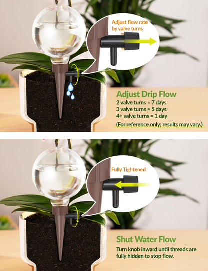 NiHome Plant Self-Watering Globes for Busy Individuals & Travelers, Long-Lasting Moisture Consistent Dripper Spike for Indoor & Outdoor Plants, Adjustable Flow Valve Easy to Refill & Maintain (2-Pack)