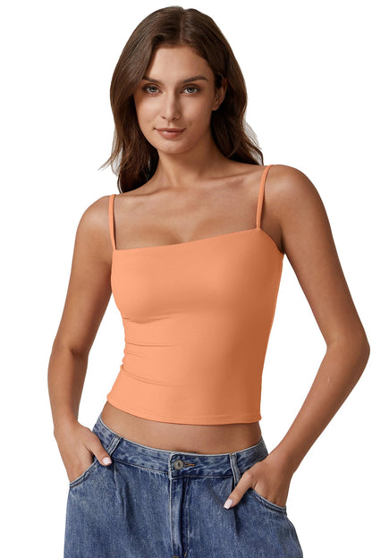 QINSEN Women Basic Spaghetti Straps Cami Shirt Summer Y2K Going Out Double Lined Sexy Tank Top Amber Yellow XS