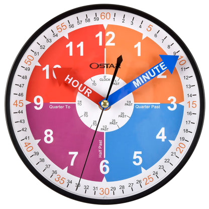 OSTAR Telling Time Teaching Wall Clock, Analog Silent Learning Clock for Kids Room Decor Battery Operated