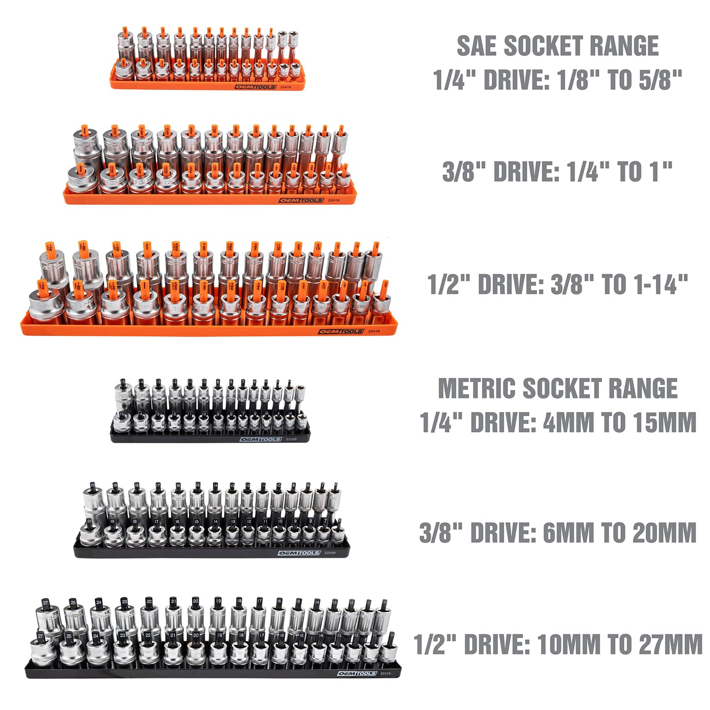 OEMTOOLS 22418 6 Piece SAE and Metric Socket Tray Set, SAE and Metric Socket Storage for Sizes 1/4", 3/8”, and 1/2" Drive, Socket Holders and Socket Organizer Tray for Toolbox, Orange and Black