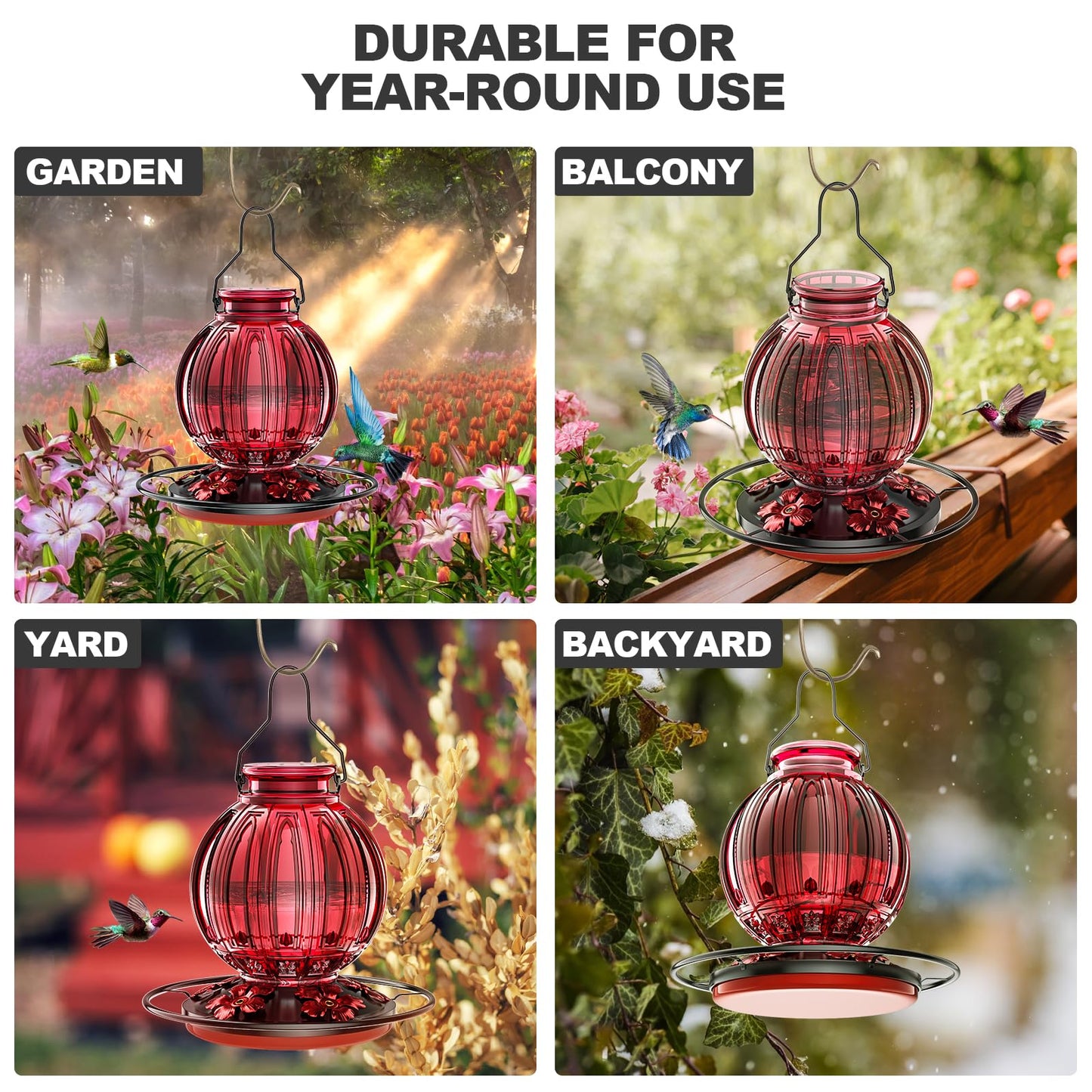 Glass Hummingbird Feeder for Outdoors Hanging, 26Oz Bird Nectar Feeder with Perch & 5 Flower Feeding Ports, Leak Proof for Outside Garden Decor Backyard, Gifts for Women Mom, Red