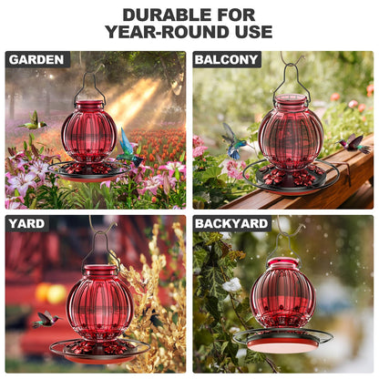 Glass Hummingbird Feeder for Outdoors Hanging, 26Oz Bird Nectar Feeder with Perch & 5 Flower Feeding Ports, Leak Proof for Outside Garden Decor Backyard, Gifts for Women Mom, Red